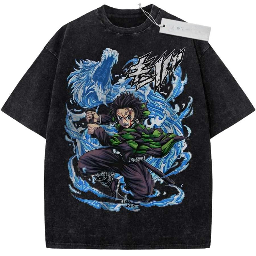 2026 Summer Men's Black Washed T - Shirt Demon Slayer Tanjiro Blue Wolf Water Breathing High - Quality Fabric for Casual