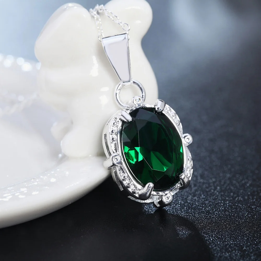 New 925 Silver Plated Necklace 18 Inches Green Shiny crystal Pendant for Women High Quality Fashion Jewelry Christmas Gifts