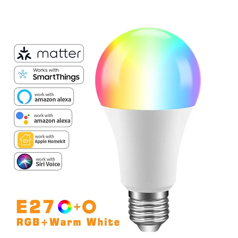 Matter Homekit WiFI Smart RGB+ White Light Bulb SmartThings APP Control Support Siri Home Alexa Voice Assistant