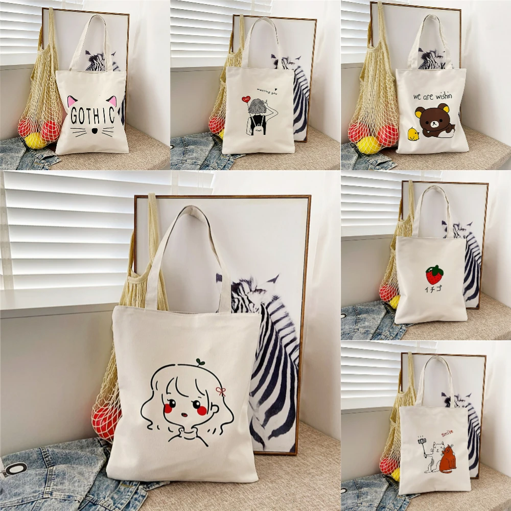 1pc Kawai Girl Cat Bear Canvas Tote Bag Reusable Eco Friendly Shopping Bag for Women Spacious Commuter Purse Daily Use Handbags