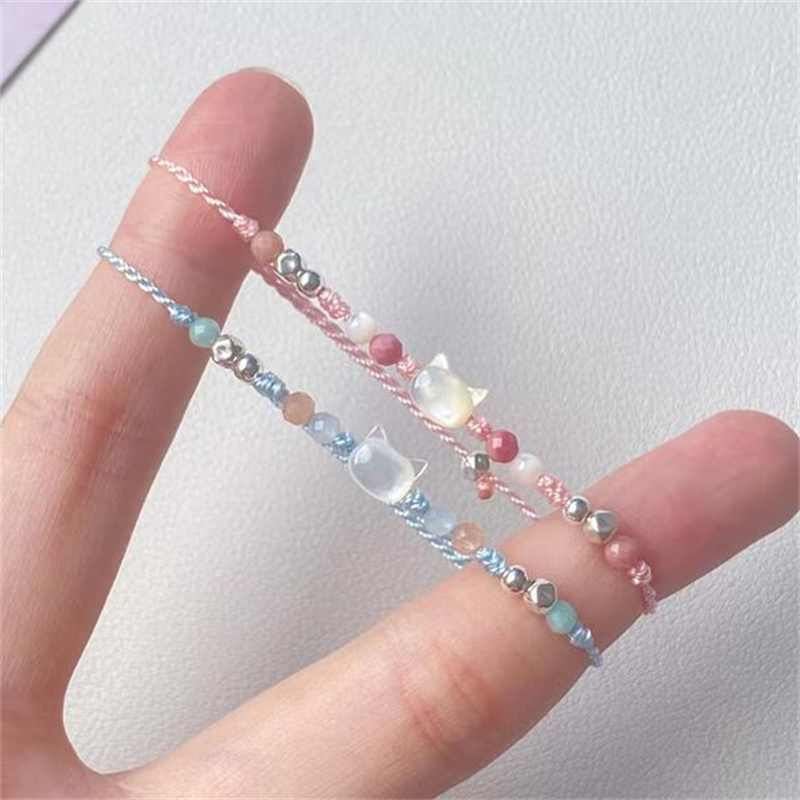 Handmade 2pcs Cute Cat Couple Bracelet For Women Men Cartoon Kitten Beaded Woven Wristband Party Valentine's Day Jewelry
