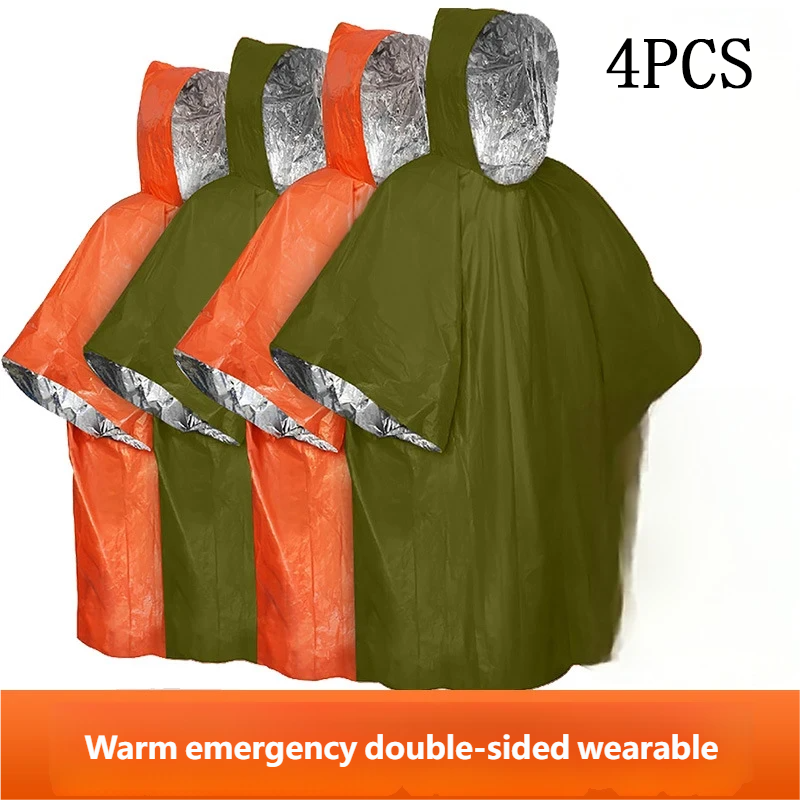4PCS Emergency Raincoat Poncho Waterproof Rainwear Blanket Survival Space Blanket Raincoat Reflective Waterproof Camping Hiking