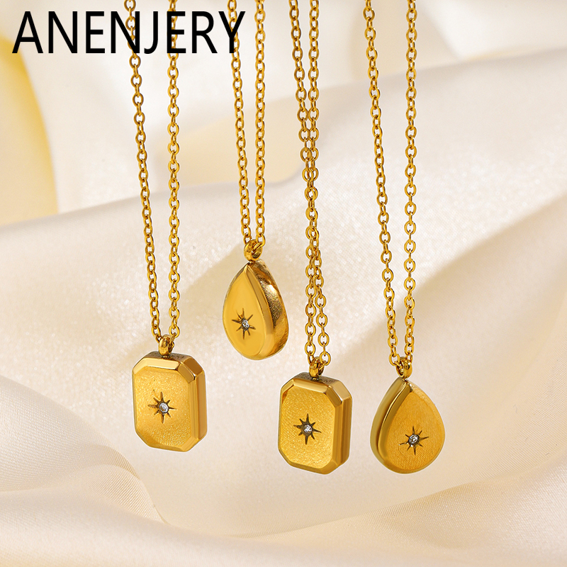 ANENJERY 316L Stainless Steel Water Droplet Cube Shiny Star Zircon Necklace for Women Sweater chain Niche Cool Special Jewelry