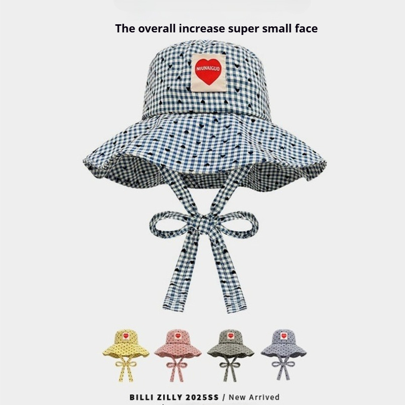 1pc Summer Grid Wide Arrival Love Fisherman's Hat with Plaid Large Brim Retro Literary Sunscreen Lightweight,foldable Panama Hat