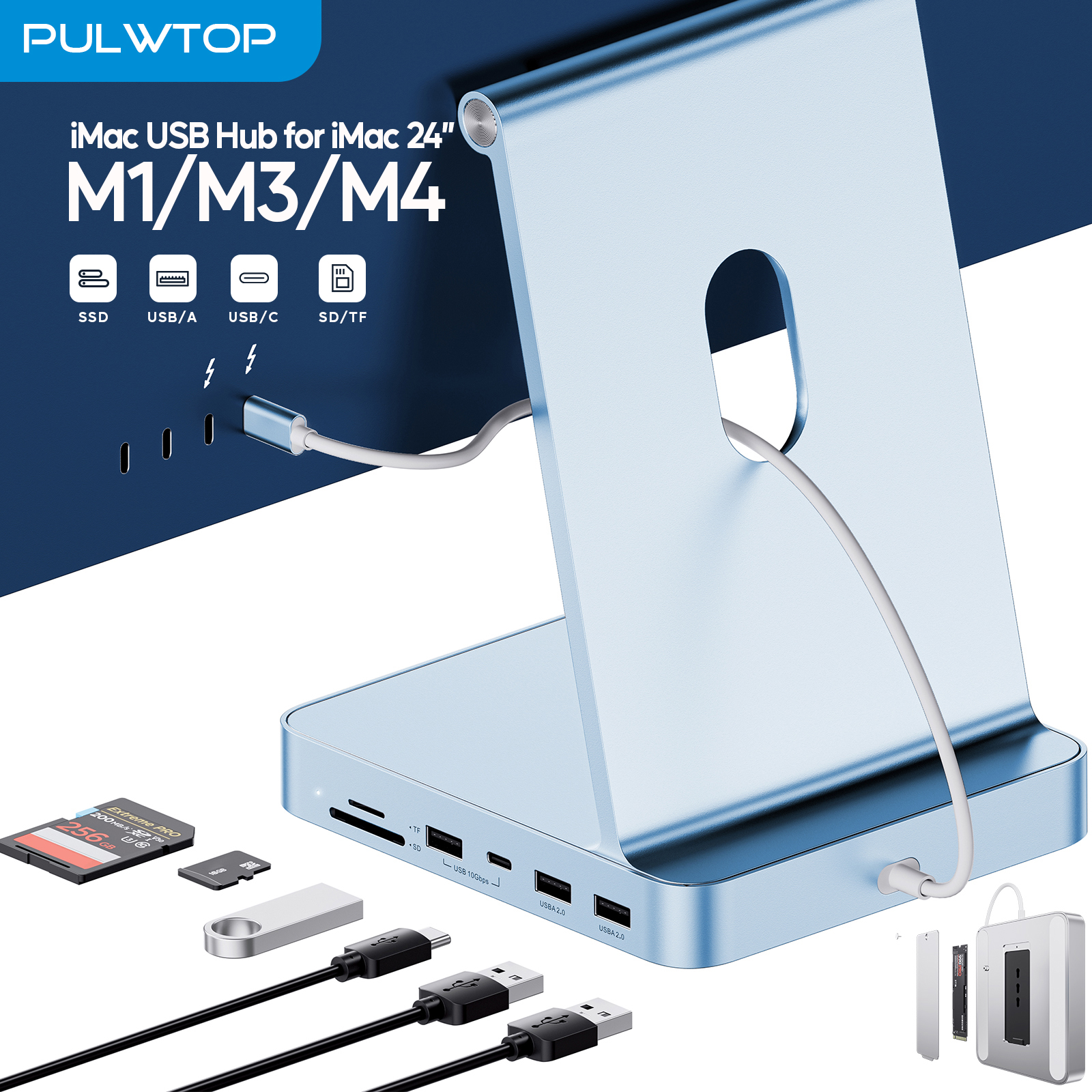 PULWTOP USB C Hub For iMac 24 Inch 2021 2023 2024 With USB C And USB A 10Gbps SD TF M2 SSD Expansion Slot