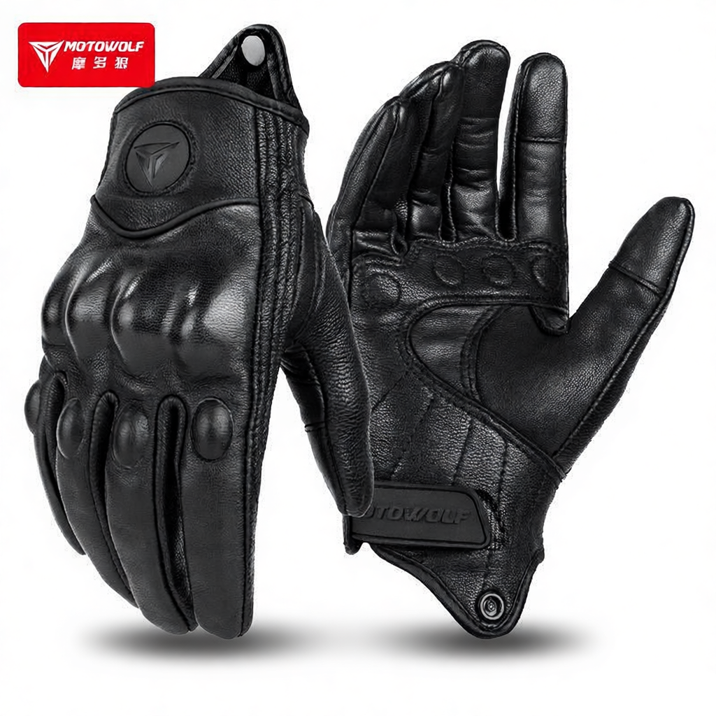 MOTOWOLF Motorcycle Genuine Leather Gloves Vintage Knight with Holes Summer Breathable Full Finger Anti-fall Leather Gloves