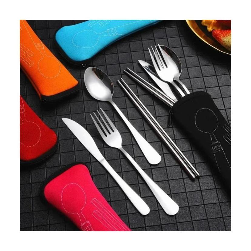 7/3 Pcs Stainless Steel Outdoor Camping Tableware Set Of Pieces Western Food Steak Knife Fork Spoon Creative Cloth Bag Portable