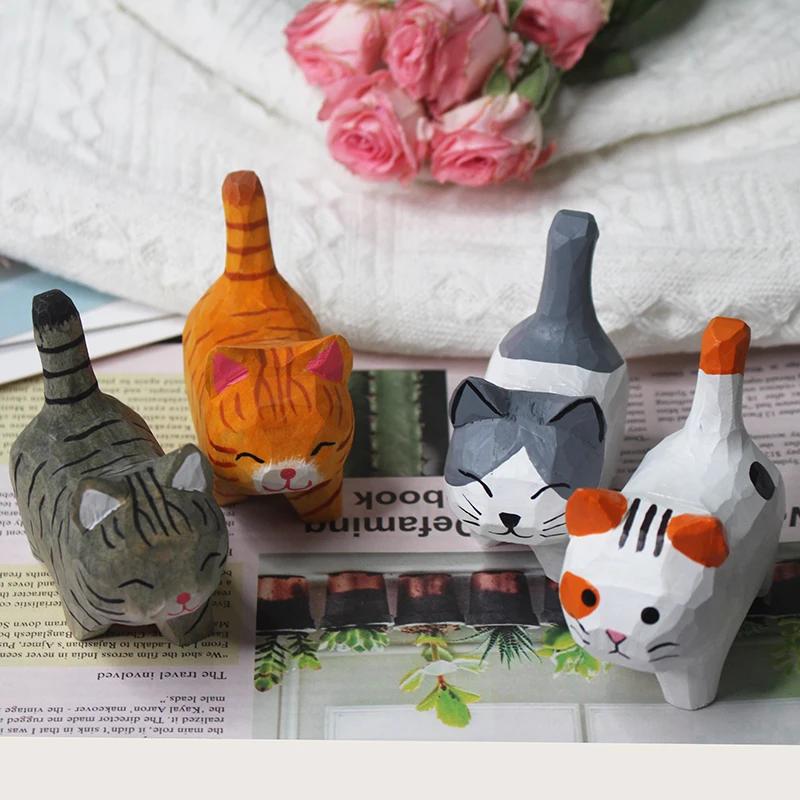 Lovely Handmade Wood Carving Kitten Ornaments Small Animal Creative Desktop Wood Cat Decoration Crafts Household Supplies