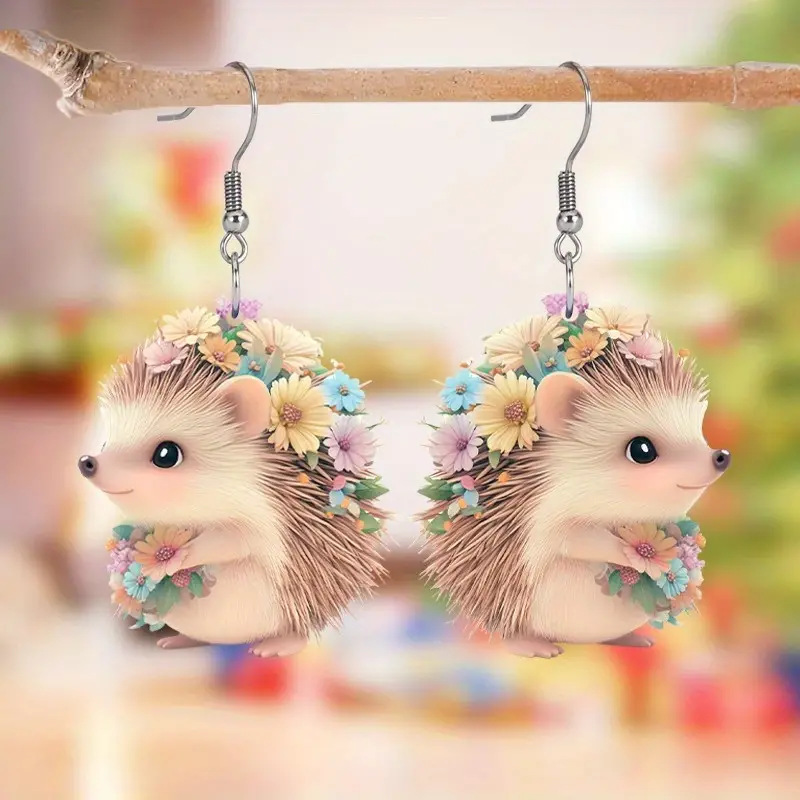 Cute little hedgehog 2D acrylic earrings, Bohemian colored flowers and small animals ladies earrings