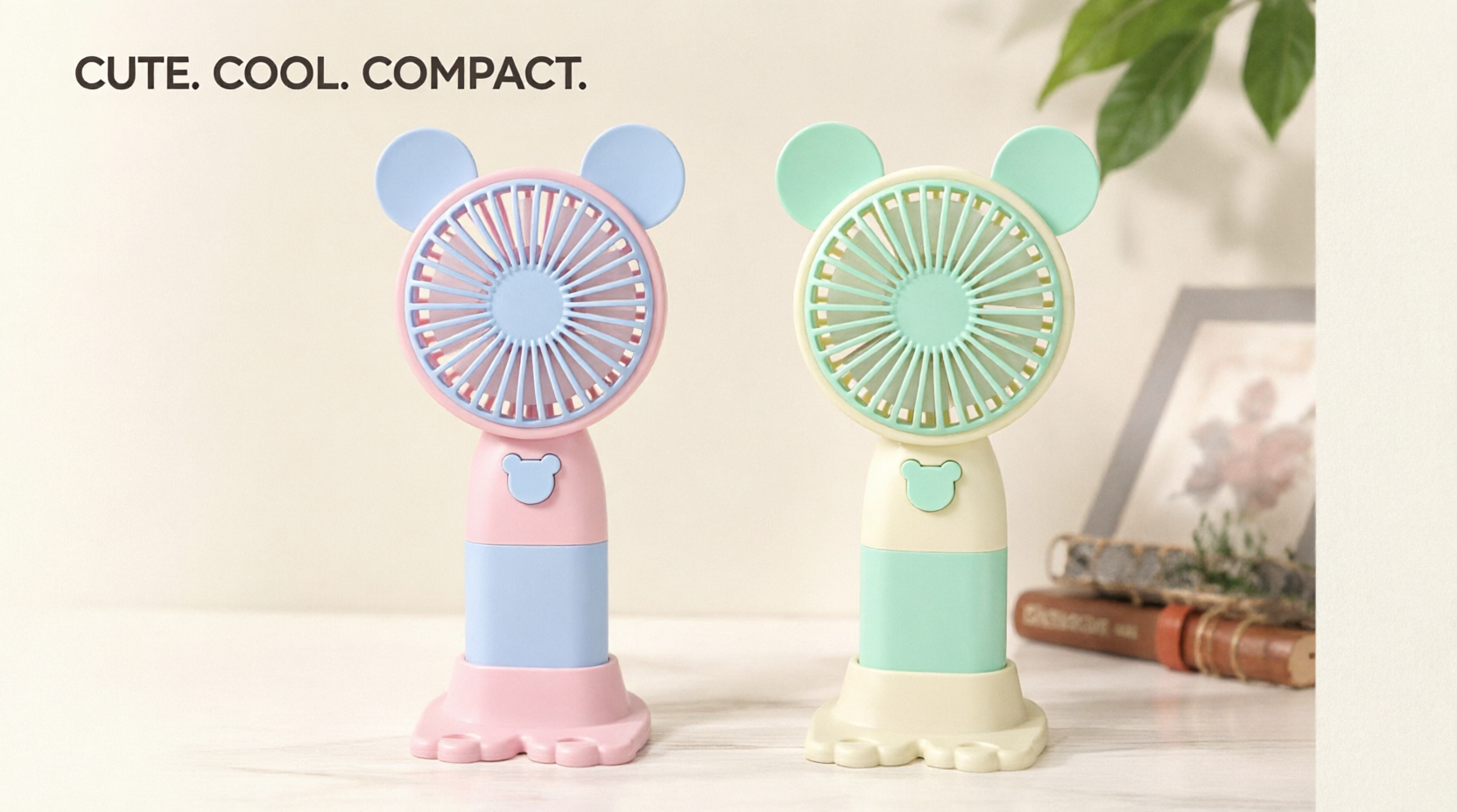 Cute Bear Ear Mini Handheld Fan USB Rechargeable Portable Desktop Fan 3 Speed Personal Cooling Fan Foldable Table Fan for Home Office Travel