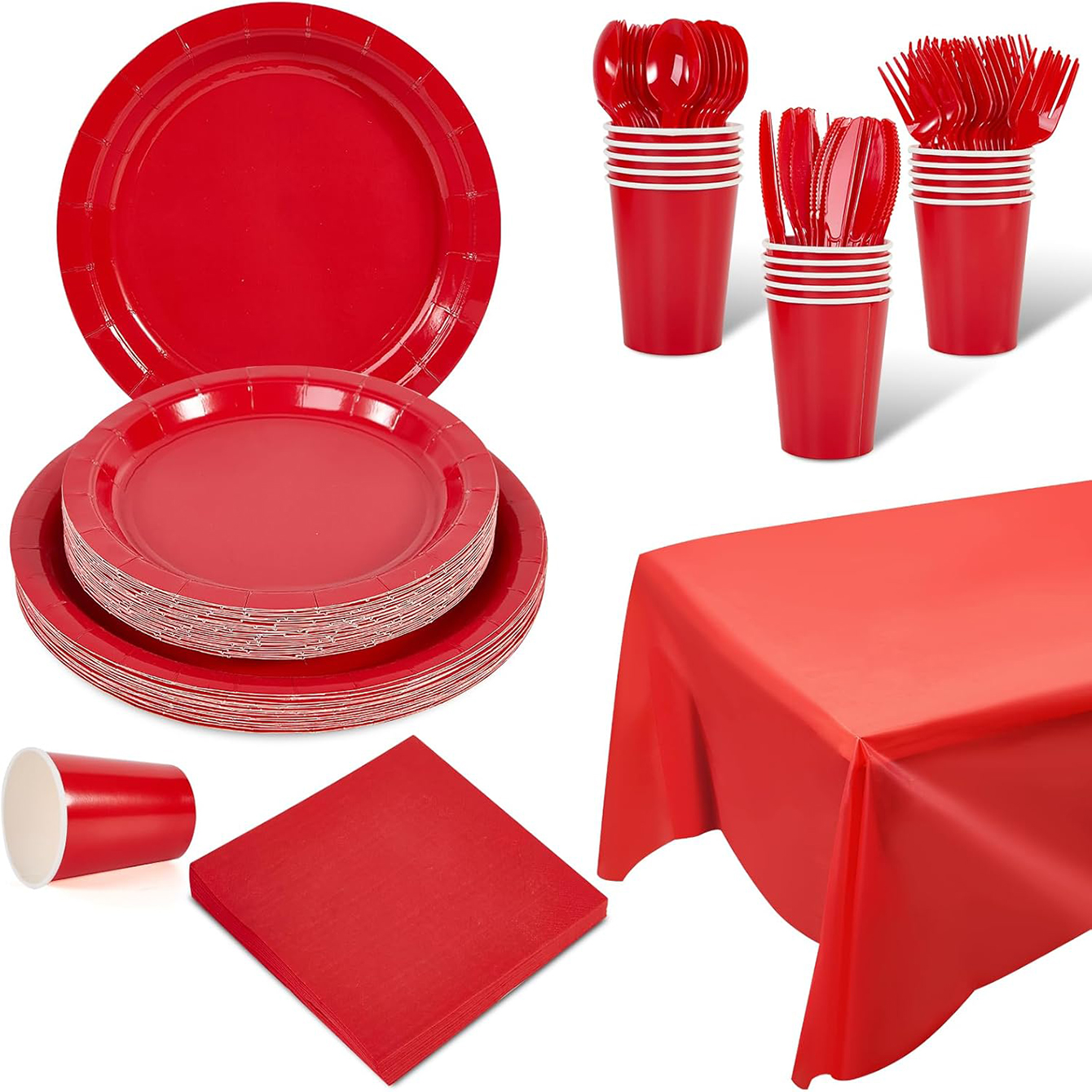 Red Disposable Tableware Set, 7/9 Inch Paper Dish Napkin 9 Oz Paper Cup, Cutlery Spoon, Birthday Party, Holiday Party Supplies