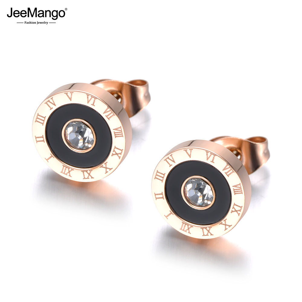 JeeMango Trendy Stainless Steel Black Acrylic Circle Roman Numeral Wedding Earrings For Women CZ Crystl Earrings Jewelry JE19072