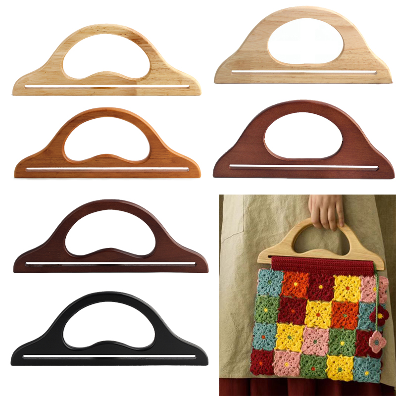 2PCS Natural Solid Wood Wallet DIY Knitted Bag Hanger Handle D Shape Wooden Beach Bag Straw Bag Handle Replacement