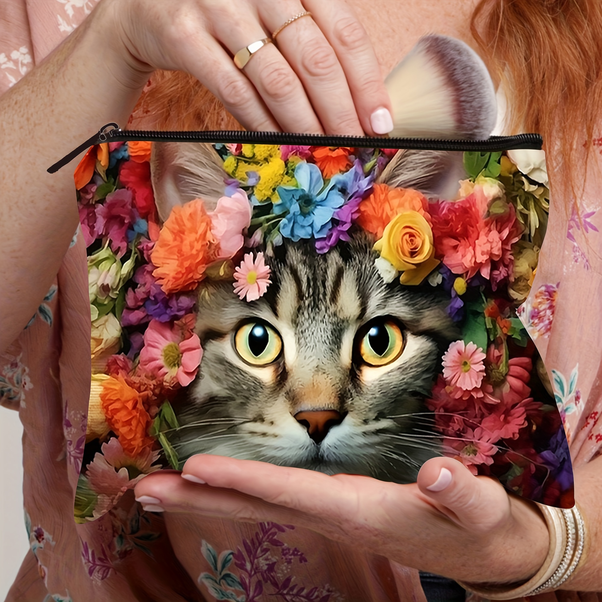 1pc Cute Cat with Colorful Floral Crown Cosmetic Bag Travel Essential Lightweight Cosmetic Organizer,Coin Purse