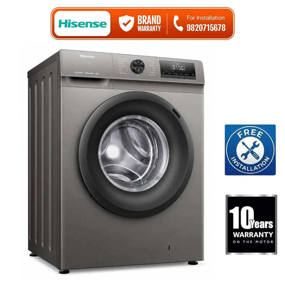 Hisens 8 Kg Inverter Motor Front Load Washing Machine WFQP8014EVMT - image 1