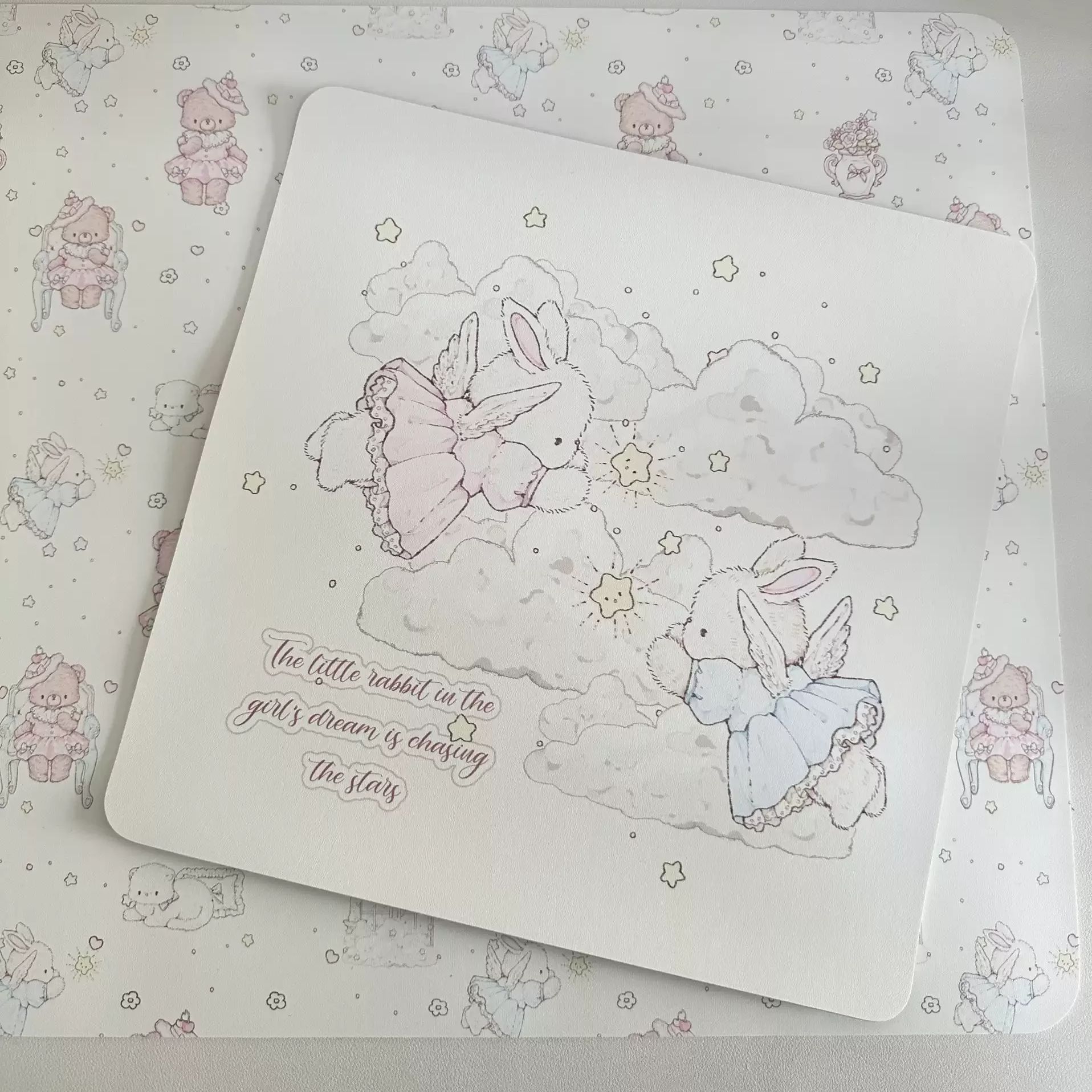 Original Angel Bunny Leather Desk Mat Pink Cartoon Waterproof Mouse Pad with Non-Slip Base, Cute Study & Office Decor for Girls