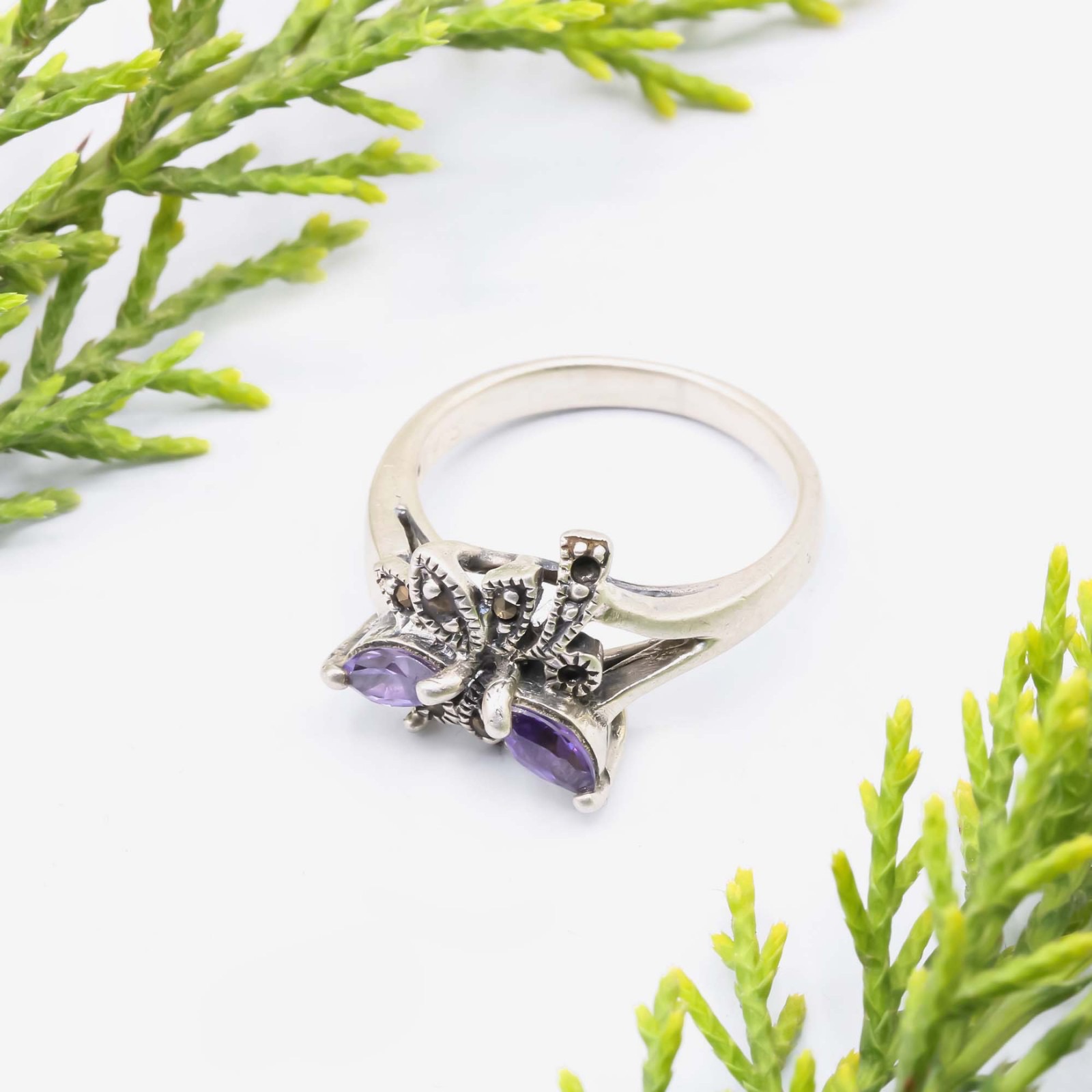 Pure Silver Ring With Natural Markasit/Amethyst/4.6 Gram