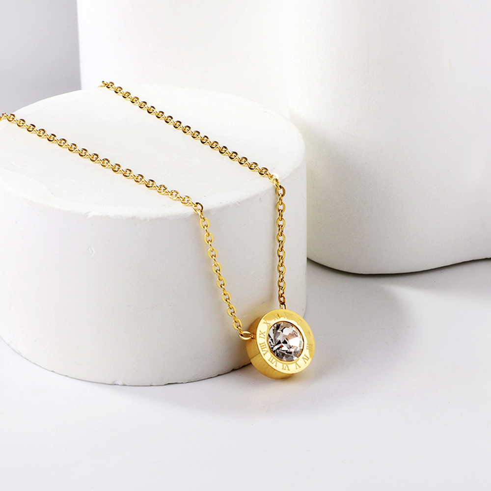 LUXUSTEEL Simple Luxury Stainless Steel Crystal Round Pendant Necklace for Women Men Gold Plated Roman Number Charm Choker pen gpt