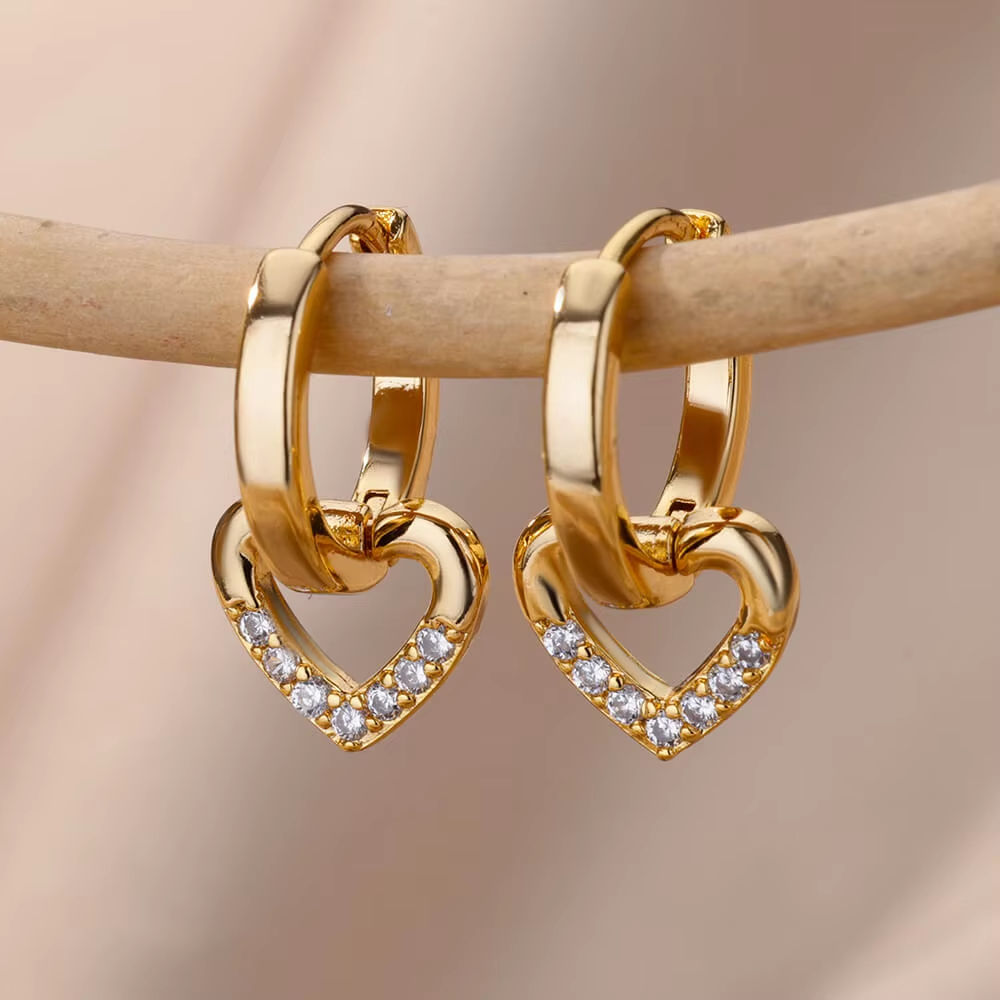 1Pair Hollow Zircon Heart Earrings For Women Stainless Steel Gold Color Dangle Heart Earring Luxury Wedding Couple Jewelry