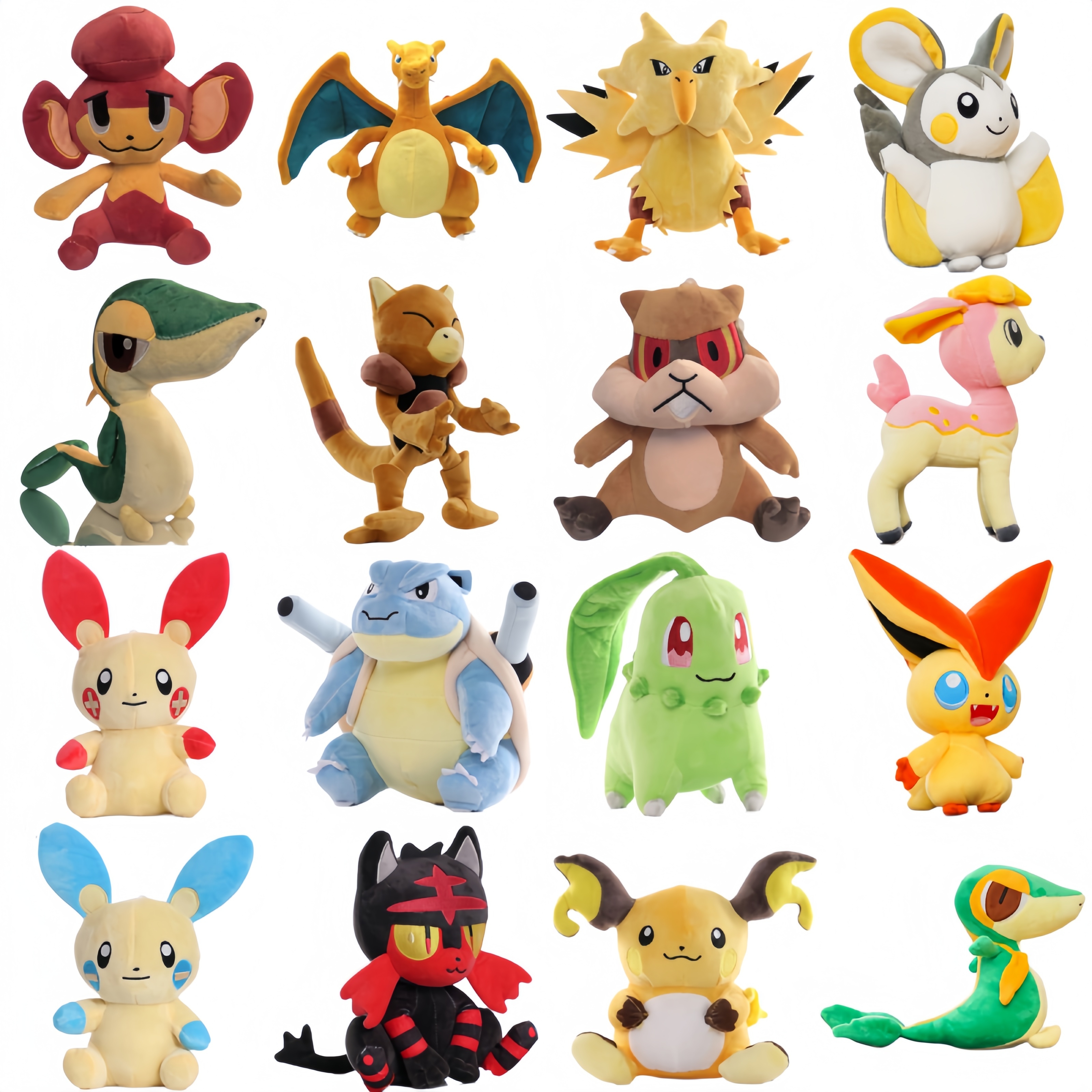 Pokemon Pikachu Peluche Snivy Pansear Abra Patrat Plush Cartoon Mewtwo Charizard Chikorita Genger Blastoise Stuff Doll Kid