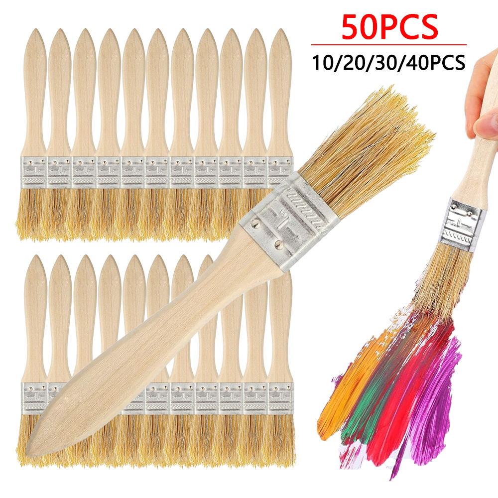 50pcs Pig Mane Brushes 1 inch Wooden Handle Dyeing Brush for Plastering Painting Glue Application Wall Furniture Paint Tool Set