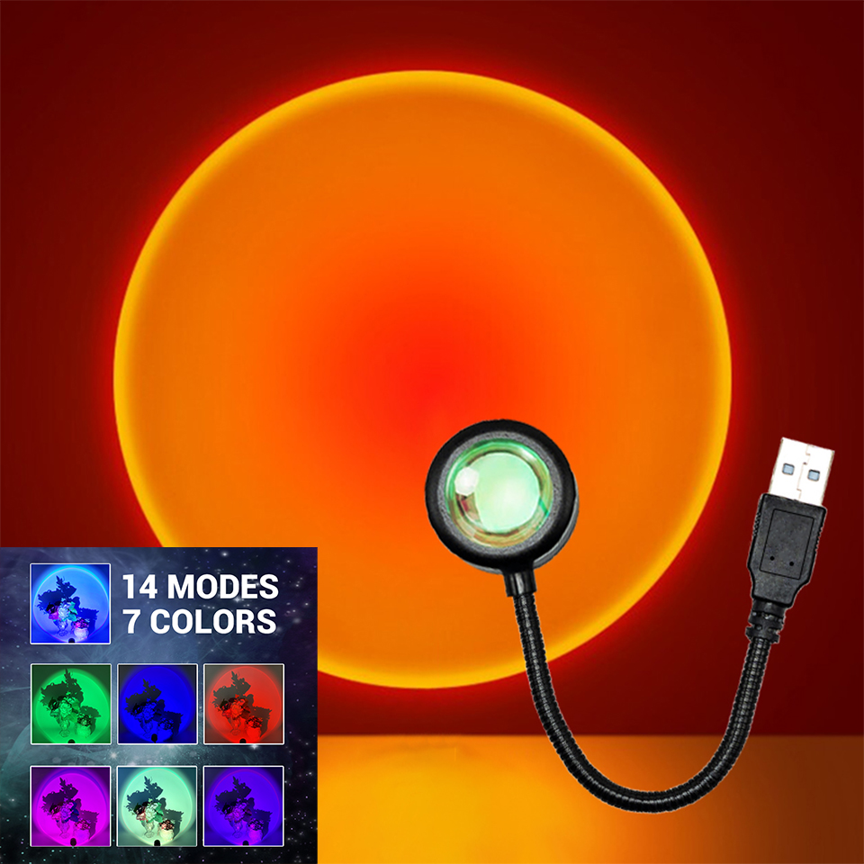 fasdaga 2X LED USB Sunset Lamp Night Light Projector Birthday Decoration Portable Mood Light for Bedroom Living ,Sunset