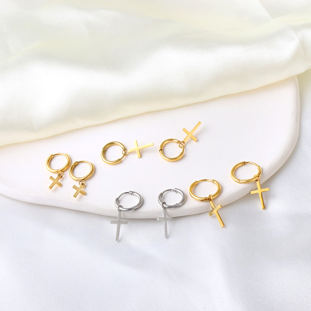 2pc Men Punk Cross Lightning Cylinder Dangle Earrings Stainless Steel Women Gothic Cross Pendant Hoop Earrings Huggies Piercing
