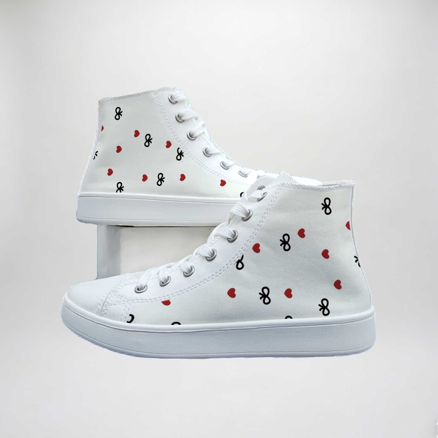 Cute and Fresh Style High-Top Canvas Shoes with Heart Bow Print for Women, Adorable White Shoes, Versatile Casual Sneakers for Students, Trendy Shoes