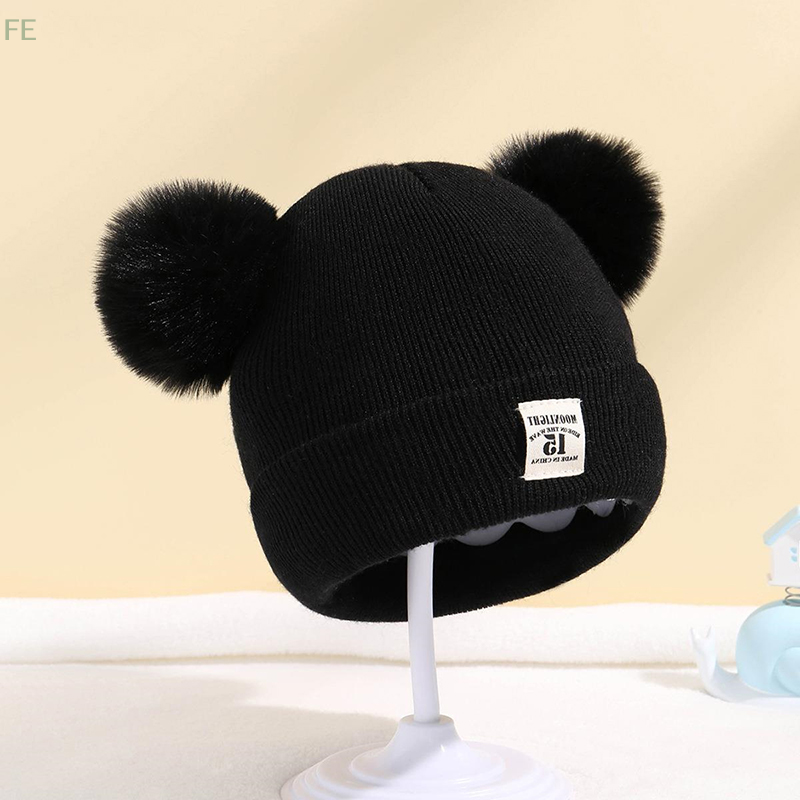 [F] Cute Winter Hat Solid Color Wool Knitted Bonnet Bebe Newborn Baby Hat Pompom For Kids Boys Girls Children Warm Cap