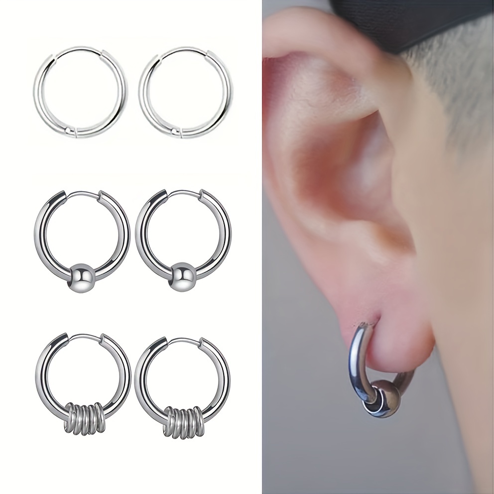 1 Pair Hip Hop Unisex Stainless Steel Ball Beads Circle Decor Hoop Earrings For Men Women Daily Wear Jewelry 8/10/12mm