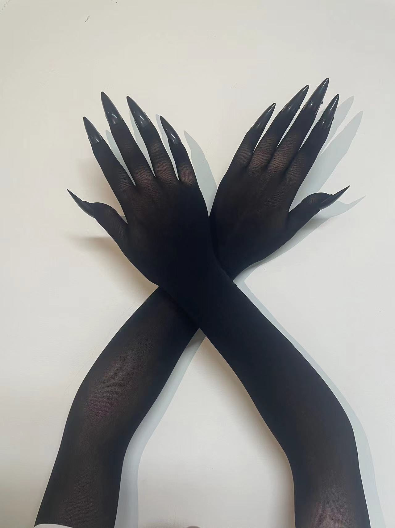 Sunscreen lace thin transparent hollow breathable long gloves seamless high elasticity long socks with nails service