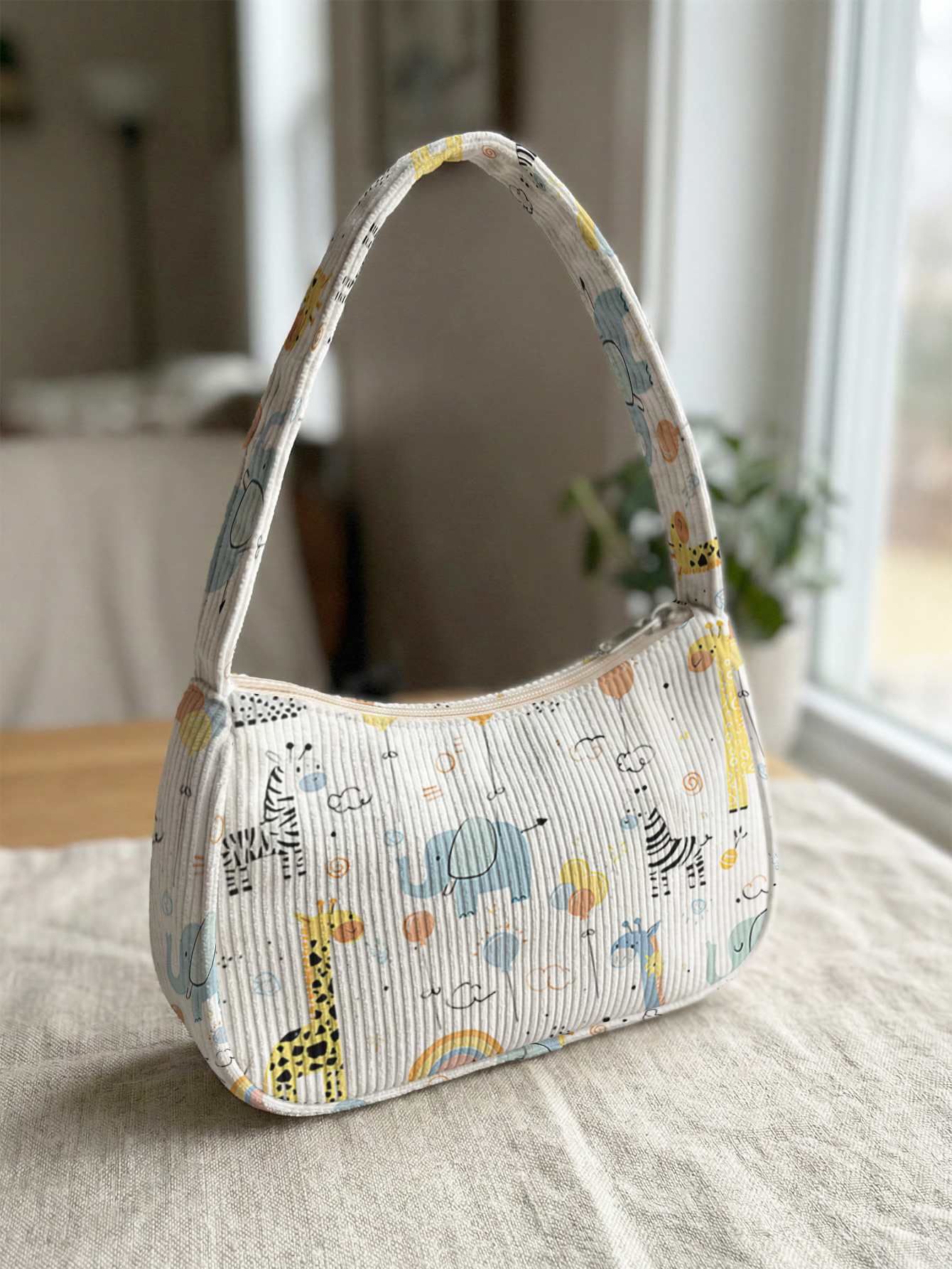 Trendy Cute Safari Animals Print Shoulder Bag, Playful White Corduroy Underarm Bag