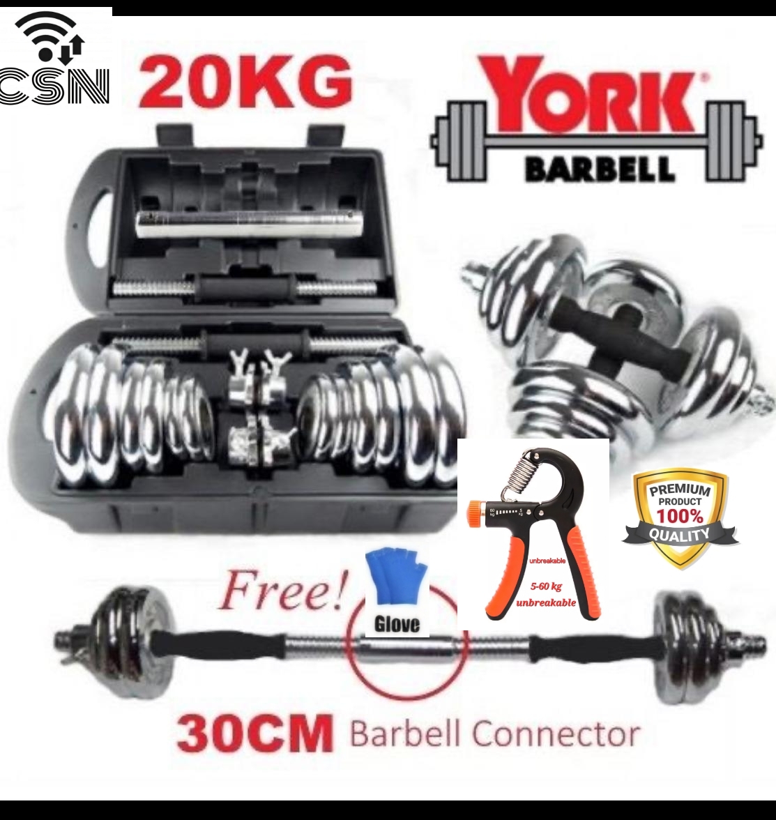 20 Kg Dumbbell Set York chrome + Handgripper With Barbell Connector Gym Workout Exercises