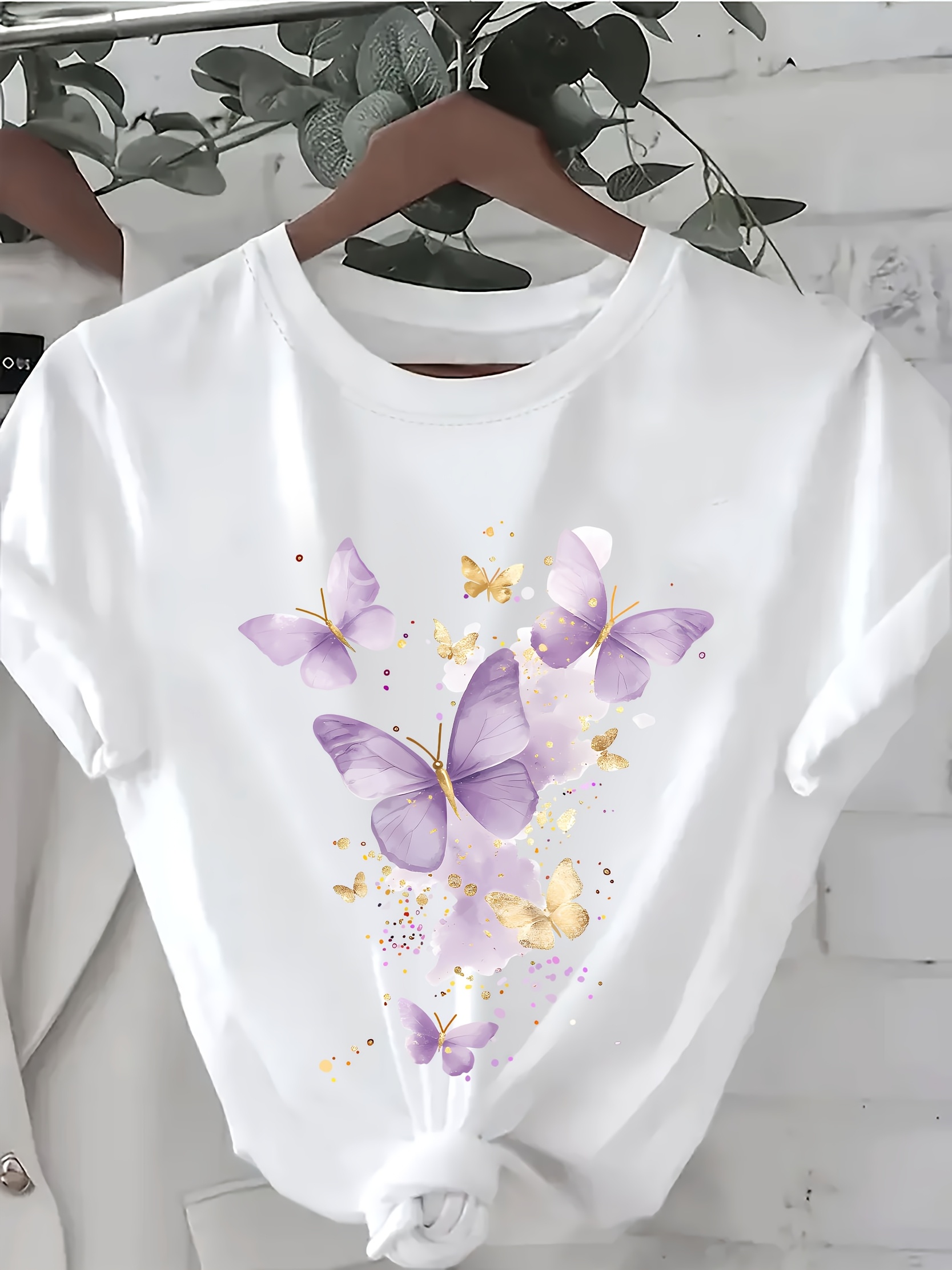 Summer Round Neck Women's Cheap and Affordable T-shirt Sparkling Purple Butterfly Pattern Printed Fashionable Casual Short