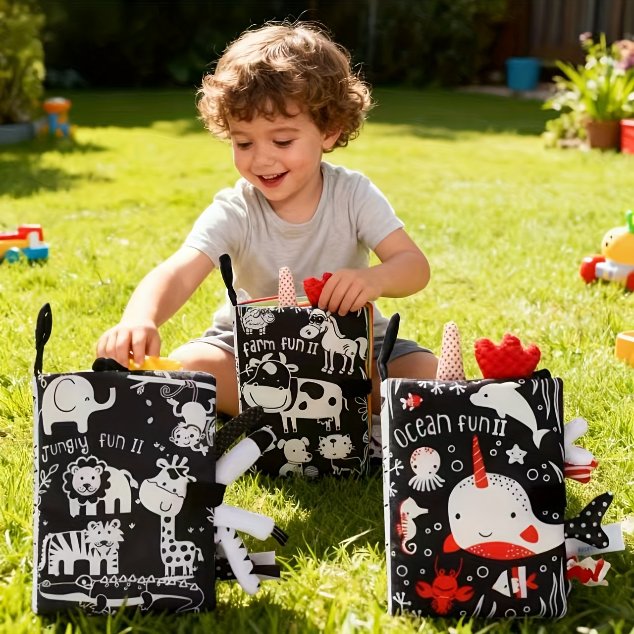Baby's tail cloth book toy, unbreakable baby cloth book, sound paper, early education, black and white puzzle, 0-3 years old