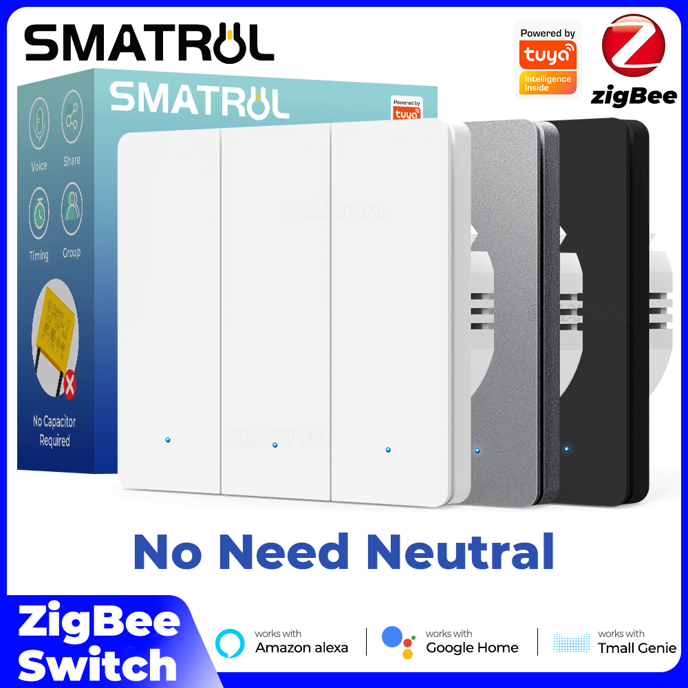 Manhot Tuya ZigBee Smart Switch No Neutral Wire Required US Push Button Light Switch Voice Control With Alexa Assistant lightify