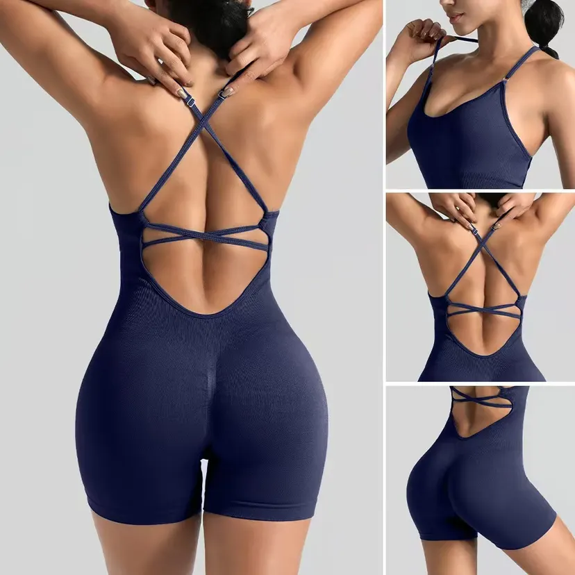Women's Slim-Fit Yoga Shorts Jumpsuit Seamless Back Workout Bodysuit Breathable Quick-Dry Gym Running Pilates Fitness Yoga