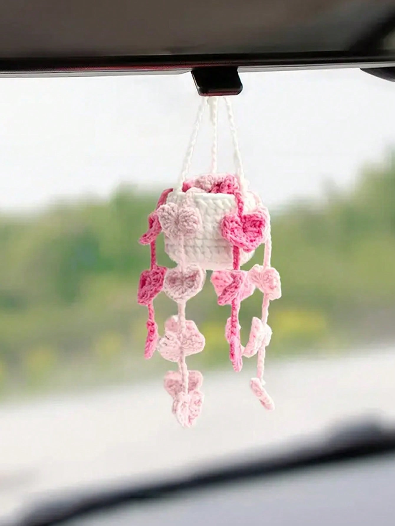 1pc Handmade Crocheted Chlorophytum Potted Plant Yarn Pendant for Car - Creative Hanging Ornament for Car Rearview Mirror