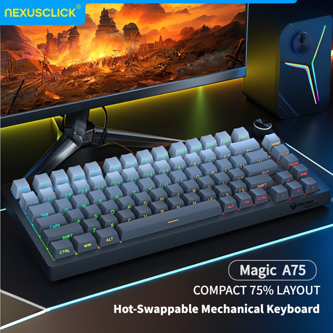 NexusClick 75% Mechanical Gaming Keyboard, Hot-Swappable Wired, 8K Polling Rate,RGB Backlit, Tactile Knob,Ergonomic for PC Gamer