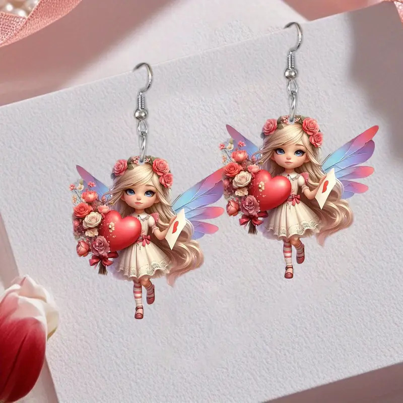 Acrylic flat angel elf cartoon earrings 1 pair, angel holding love flower, romantic sweet Valentine's Day