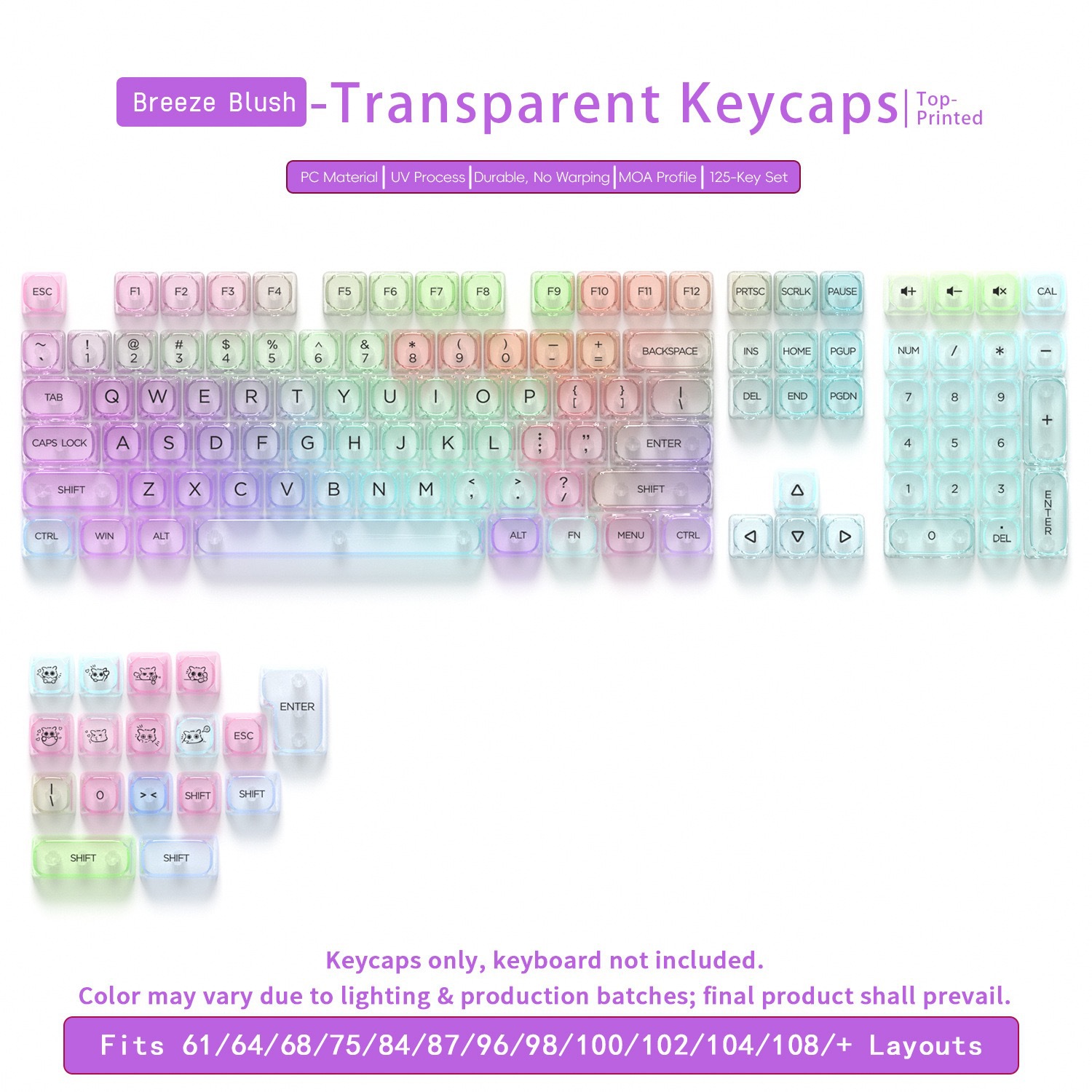 MOA-125 Key Transparent Color Series PC Keycap Mini Set Compatible with Mechanical Keyboards with Magnetic Switches
