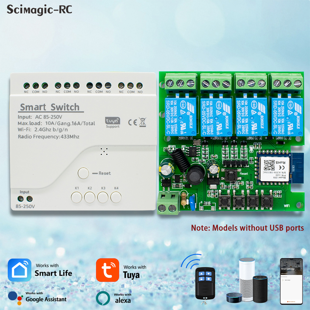 4CH Tuya Wifi Relay Smart Wireless Switch Module 4 Channel 7-32V 85-250V 220V 110V 2200W RF433 10A Timer DIY Receiver For Alexa