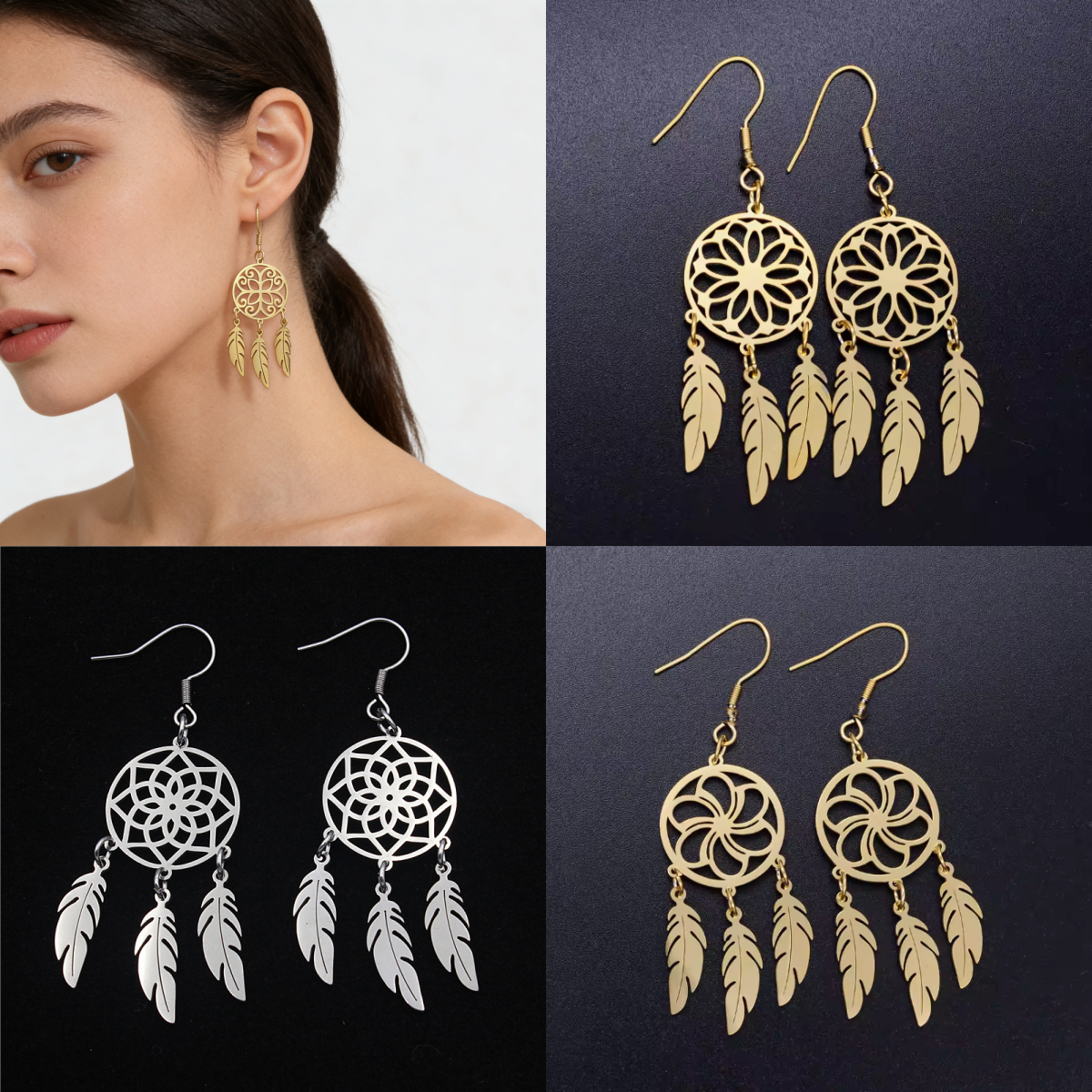 1 pair Stainless Steel Bohemia Jewelry Dream Catcher Earrings Fashionable Female Feather Tassel Dangle earrings jewelry s
