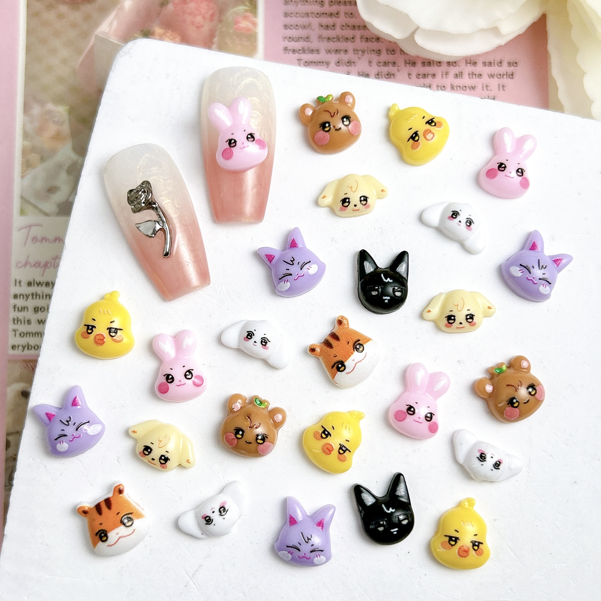 30PCS Kawaii Creative Owl Volcano Ghost Resin Nail Charms 3D Colorful Cartoon Series Grass Bee Snail Nail Art Decorations DIY