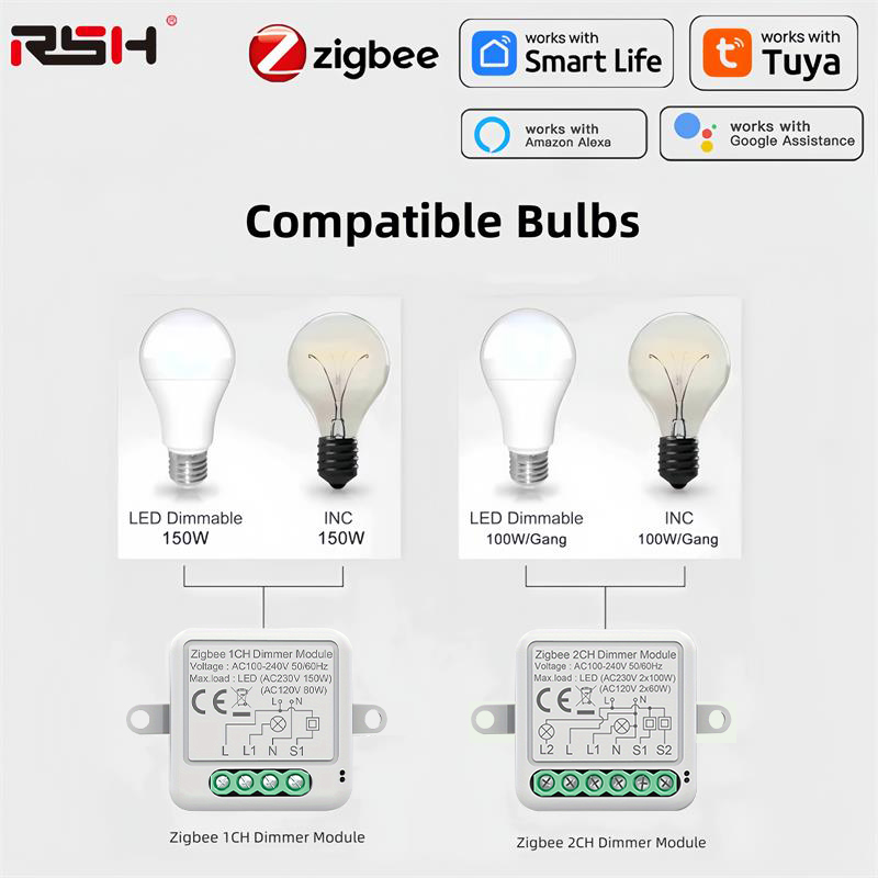Tuya Zigbee Smart Dimmer Switch Module Supports 2 Way Control LED Lights Dimmable Switch Work with Alexa Home Need Hub