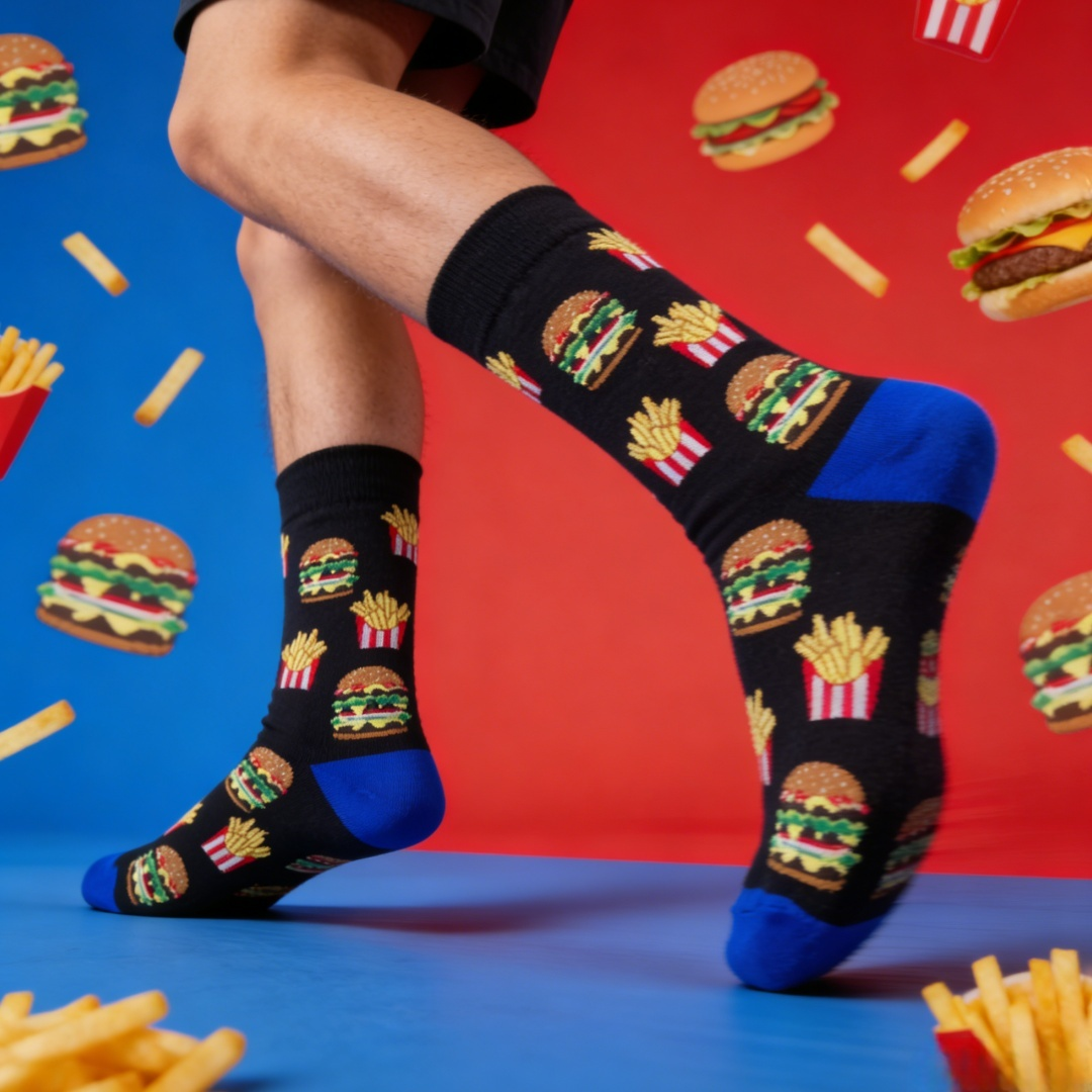 1 Pair Of Stylish And Unique French fry Burger Socks, Unisex Design, Perfect for Everyday Athletic Wear