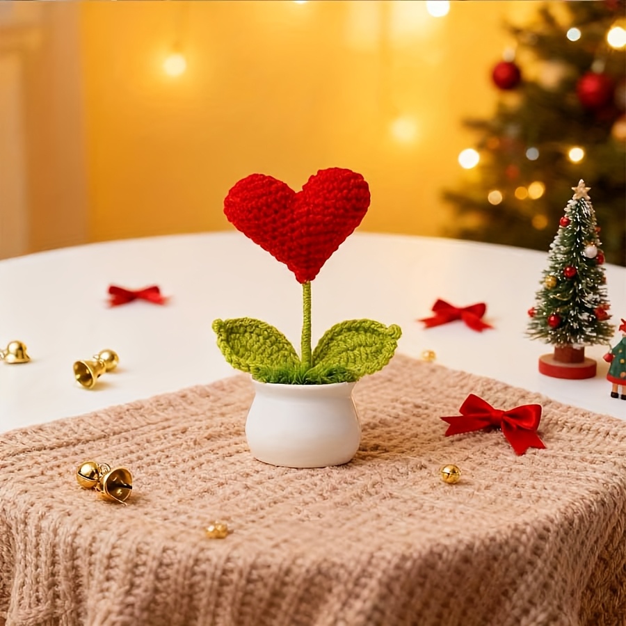 1pc Handmade Crochet Heart-Shaped Mini Planters -Hand-Knitted Artificial Flower Pot for & Office Decor,Wedding/Valentine’s/Gift