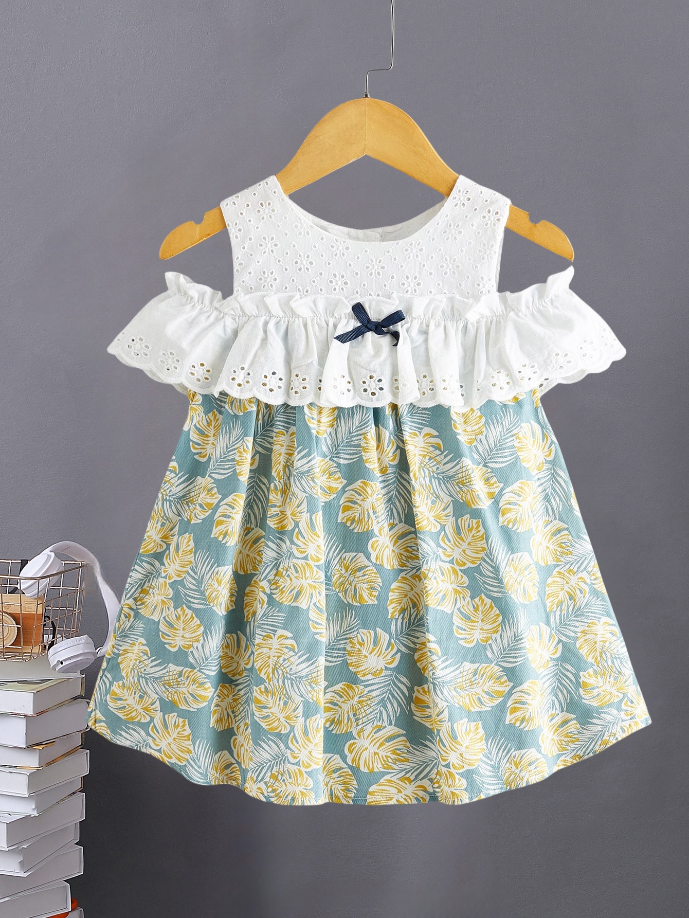 Girls summer fresh floral pattern dress - exquisite white hollow top splicing design
