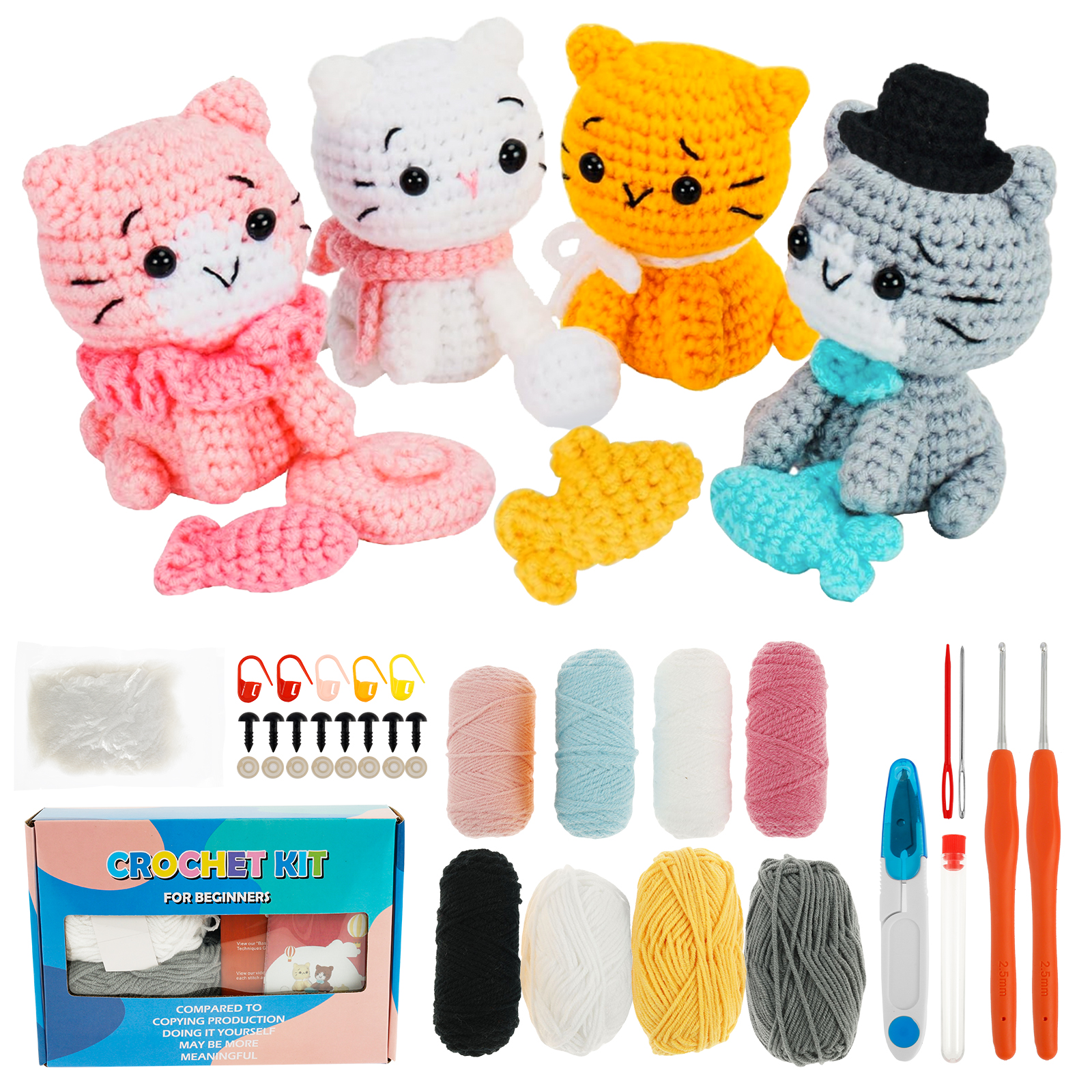 4Pcs Crochet Kit with Yarn Knitting Crochet Hook for Beginners Kids DIY Knitting Craft Kit Fun CatUnfinished Material Package