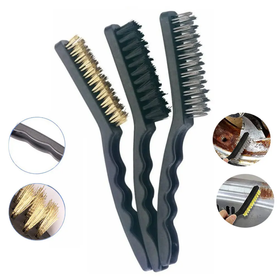 3PCS Plastic Handle Stainless Steel Wire Brushes Set Brass,Stainless Steel,and Nylon Heavy Duty Curved Scratch Brush For Rust,Dirt and Paint Stripper